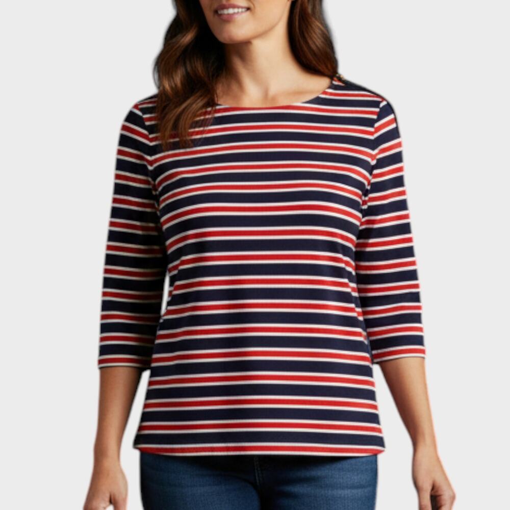 The Limited Small Boat Neck 3/4 Sleeve Striped Shirt Red Blue Zip Shoulder